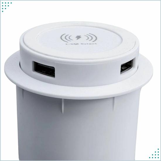 Выдвижная розетка с беспроводной зарядкой, USB и Wireless.
